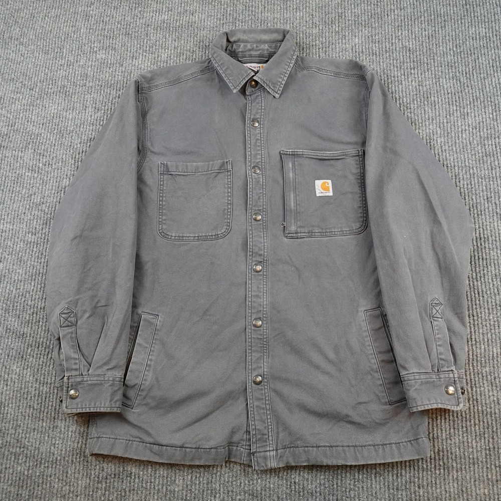 Carhartt Shacket Mens Medium Gray Shirt Jacket Canvas Fleece Lined Snap 102851